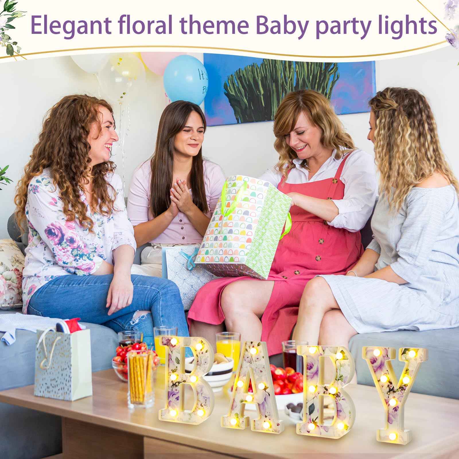 Realspring Woodland Greenery Centerpieces Baby Marquee Light up Sign Letters 8.26'' Baby Shower Letter Battery Operated Gender Reveal Birthday Party Decor for Home Table (Purple)