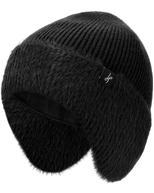 HAMUNI Winter Fleece-Lined Beanie with Earflaps, Warm Windproof Unisex Beanie Hat for Skiing, Hiking & Outdoor Winter Sports Pitch Black