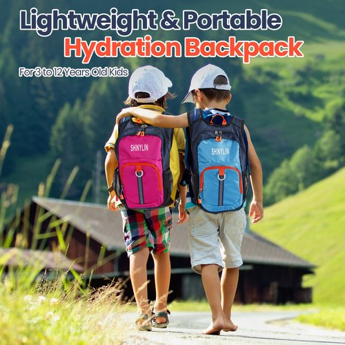 Shinylin 2 Pcs Kids Hydration Backpack with 1.5L Water Bladder Lightweight Kids Hiking Backpack Water Rucksack for Boys Girls Climbing Running(Blue, Purple,Classic)