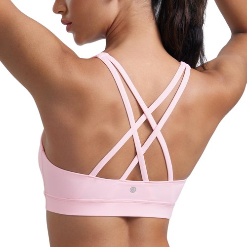 CRZ YOGA Naked Feeling Strappy Padded Sports Bras for Women - Fitness Workout Top Criss Cross Back Yoga Cami Strawberry Pink Medium