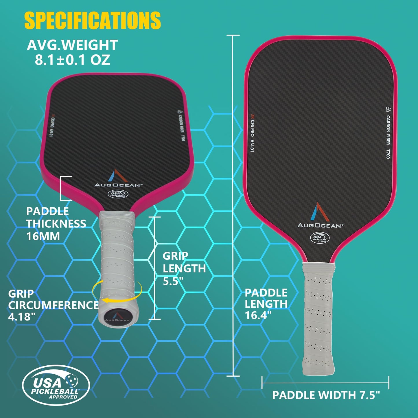 Pickleball Paddle,Pickleball Paddles-3K Raw Carbon Fiber Textured Surface with Great Grit & Spin,T700 Carbon Fiber Racket with Excellent Power,Control & Balance,USAPA Approved (Pink-White 16mm)