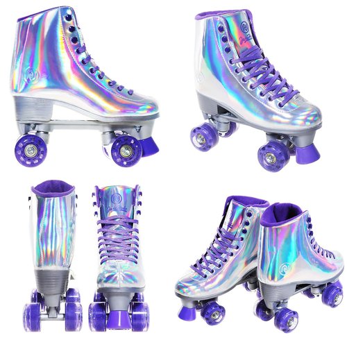 JajaHoho Roller Skates for Women, Holographic High Top Classic Rollerskates, Shiny Double-Row Glitter Four Wheels Quad Skates for Girls, Age 3-50, Indoor &Outdoor (Size 7, Silver Purple)
