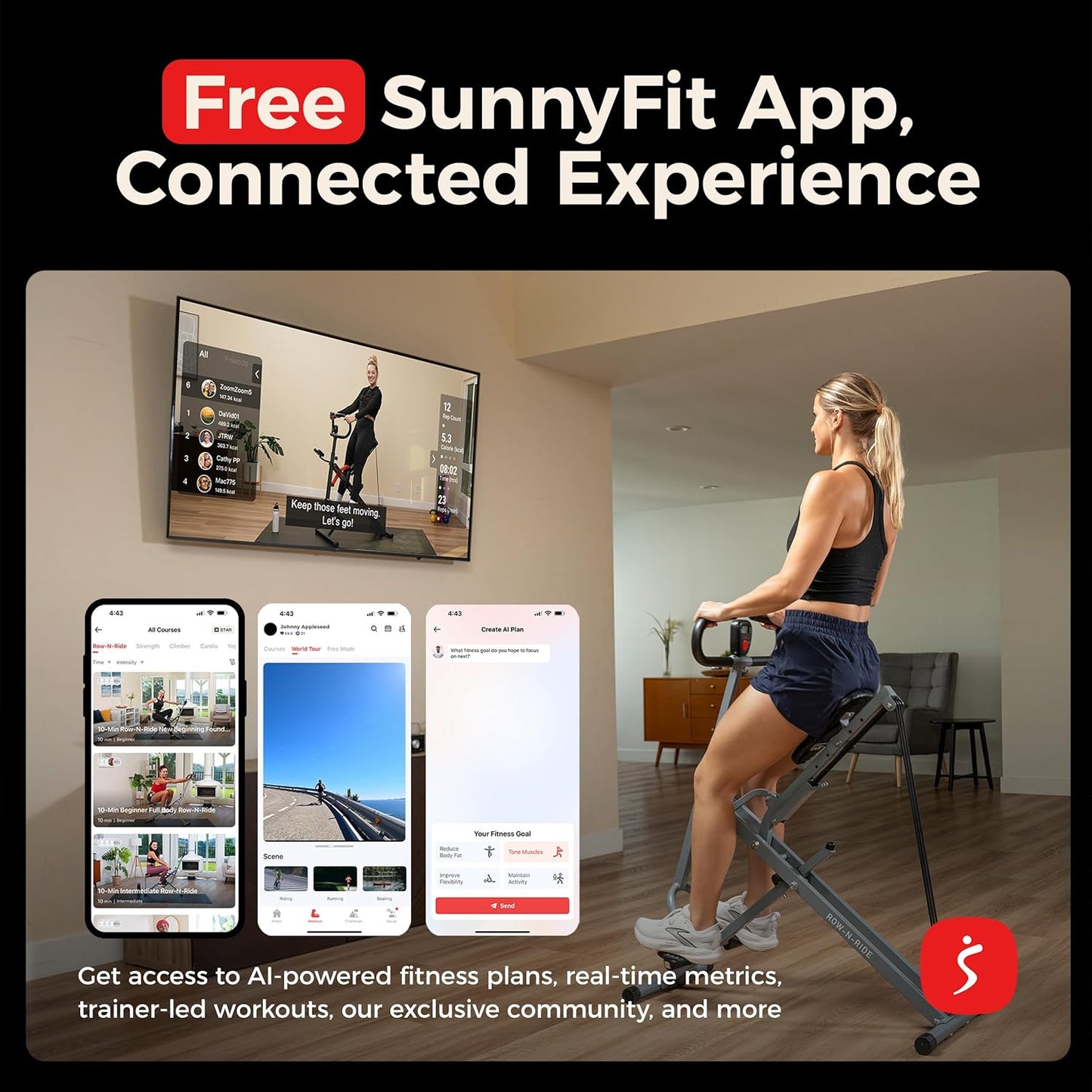 Sunny Health & Fitness Smart Row-N-Ride | Foldable Glute & Leg Trainer with SunnyFit App Integration