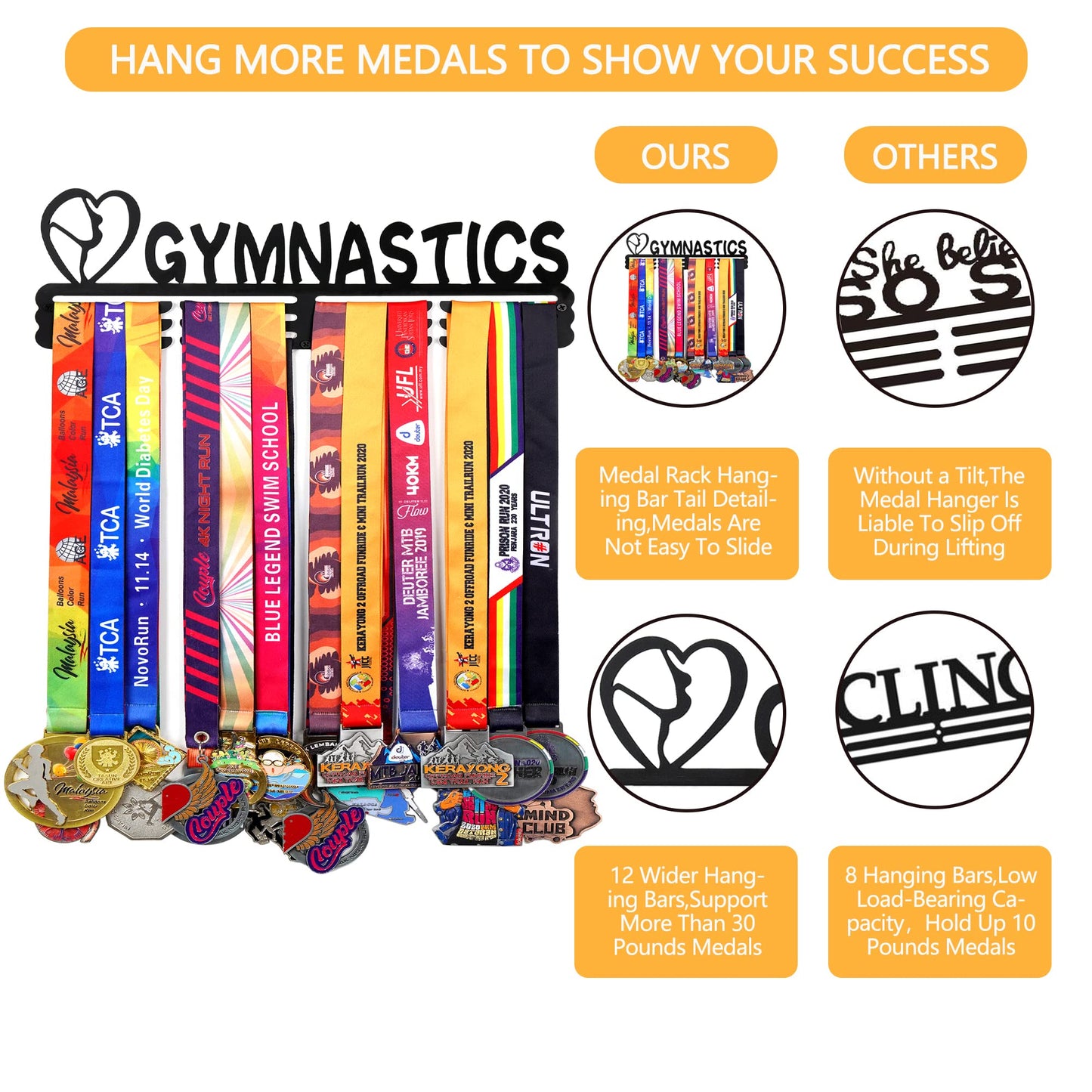 Goutoports Medal Holder Display Hanger Rack Frame for Sport Race Runner- Gymnastics for Girl - Sturdy Black Steel Metal Over 60 Medals Easy to Install