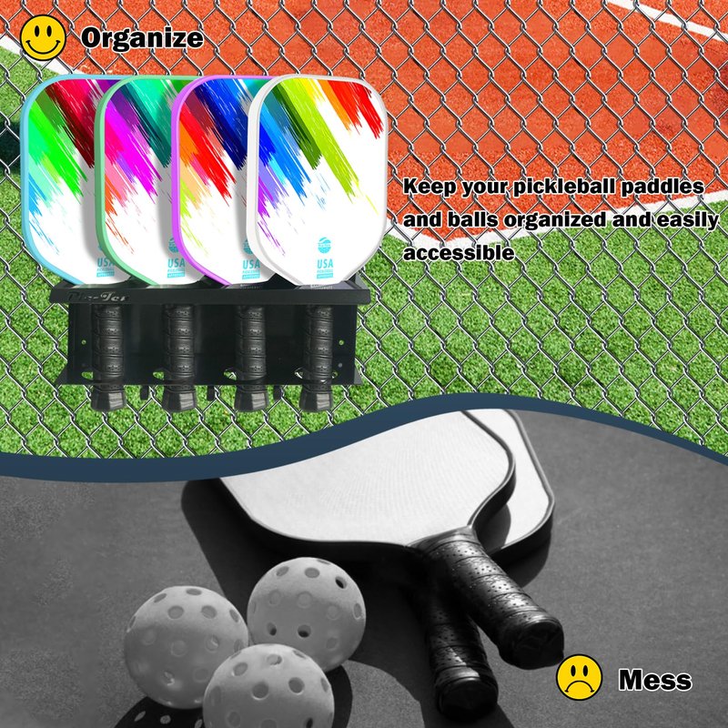 Pic-Ten 2PCS Pickleball Paddle Rack Holds 4 or 8 Paddles with Hooks Pickleball Storage Rack for Fence and Wall Pickleball Paddle Holder Outdoor No Installation Black