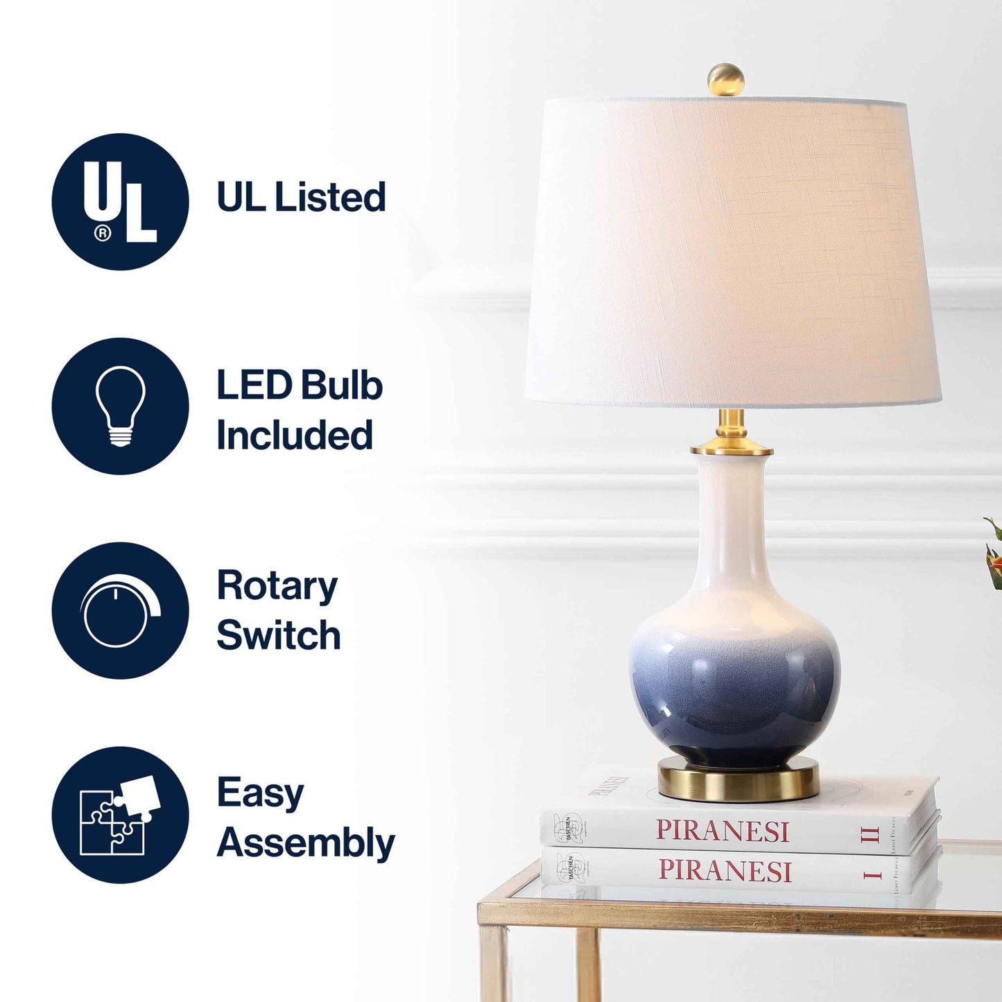 JONATHAN Y JYL3019A Gradient 25" Ceramic/Brass LED Table Lamp Contemporary Traditional Bedside Desk Nightstand Lamp for Bedroom Living Room Office College Bookcase LED Bulb Included, White/Navy