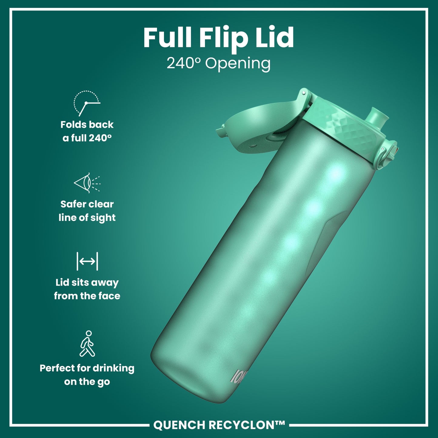 Ion8 1 Litre Water Bottle with Times to Drink, Leak Proof, Flip Lid, Carry Handle, Dishwasher Safe, BPA Free, Soft Touch Contoured Grip, Ideal for Gym, Health and Fitness, 32 oz, Teal