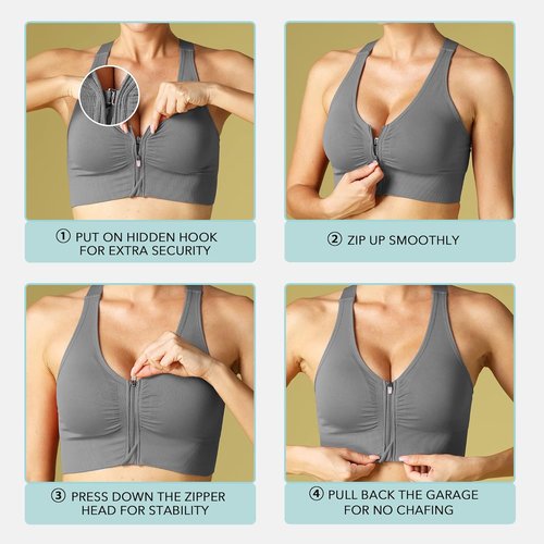 Evercute Wireless Sports Bra - Zip Front Design for Post-Surgery Comfort | Medium Support Yoga Bra