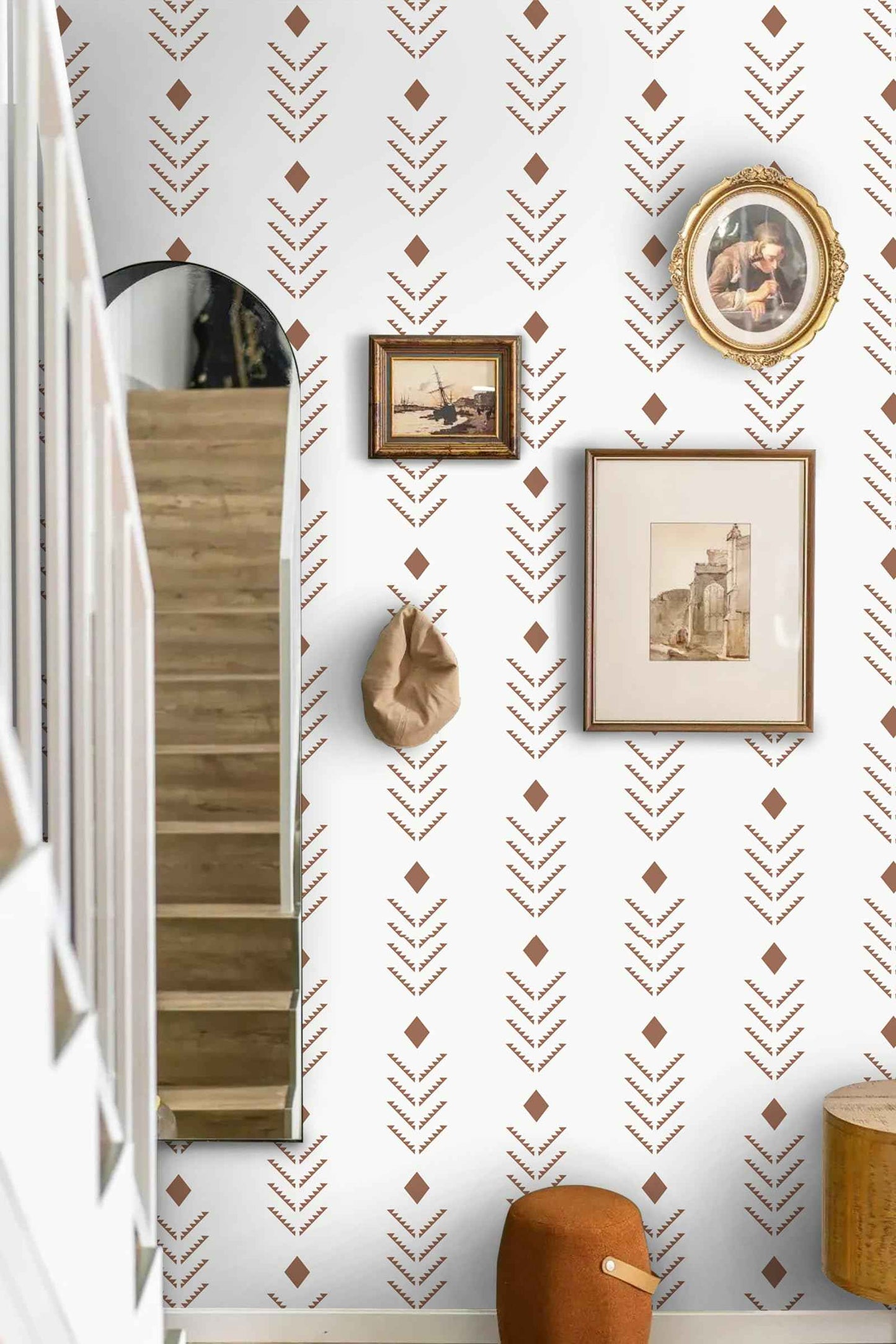 Ismoon Geometric Peel and Stick Wallpaper, Beige Geometric Contact Paper Modern Red Arrowhead Wall Paper Removable Self Adhesive for Shelves Pre-Pasted Roll 16.1x196in