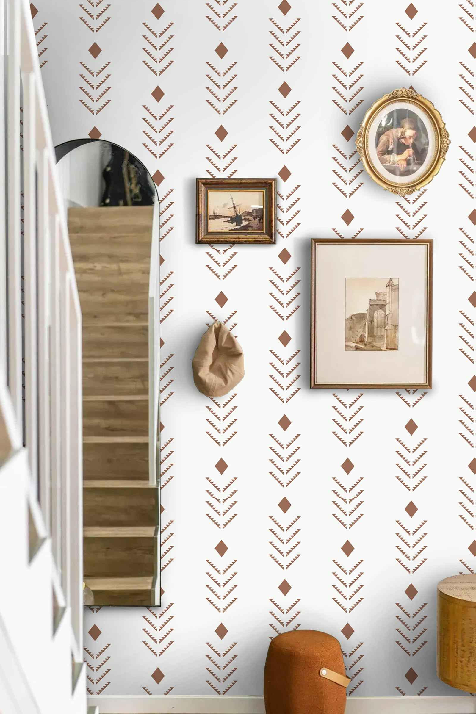 Ismoon Geometric Peel and Stick Wallpaper, Beige Geometric Contact Paper Modern Red Arrowhead Wall Paper Removable Self Adhesive for Shelves Pre-Pasted Roll 16.1x196in