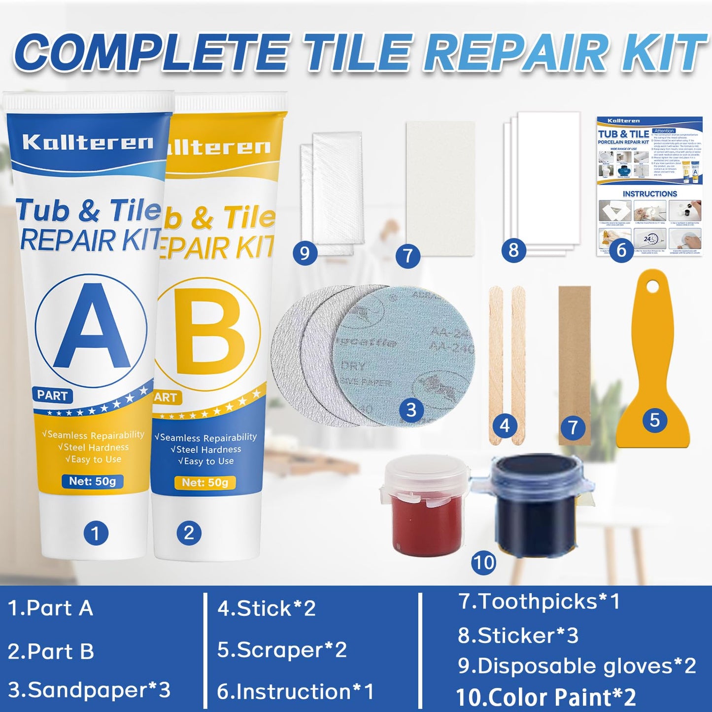 Porcelain Repair Kit, White Tile and Bathtub Fiberglass Repair Kit for Any Cracks Chips, Quickly Repair Resin, Ceramic, Marble Shower Sink, Acrylic Quartz Countertop