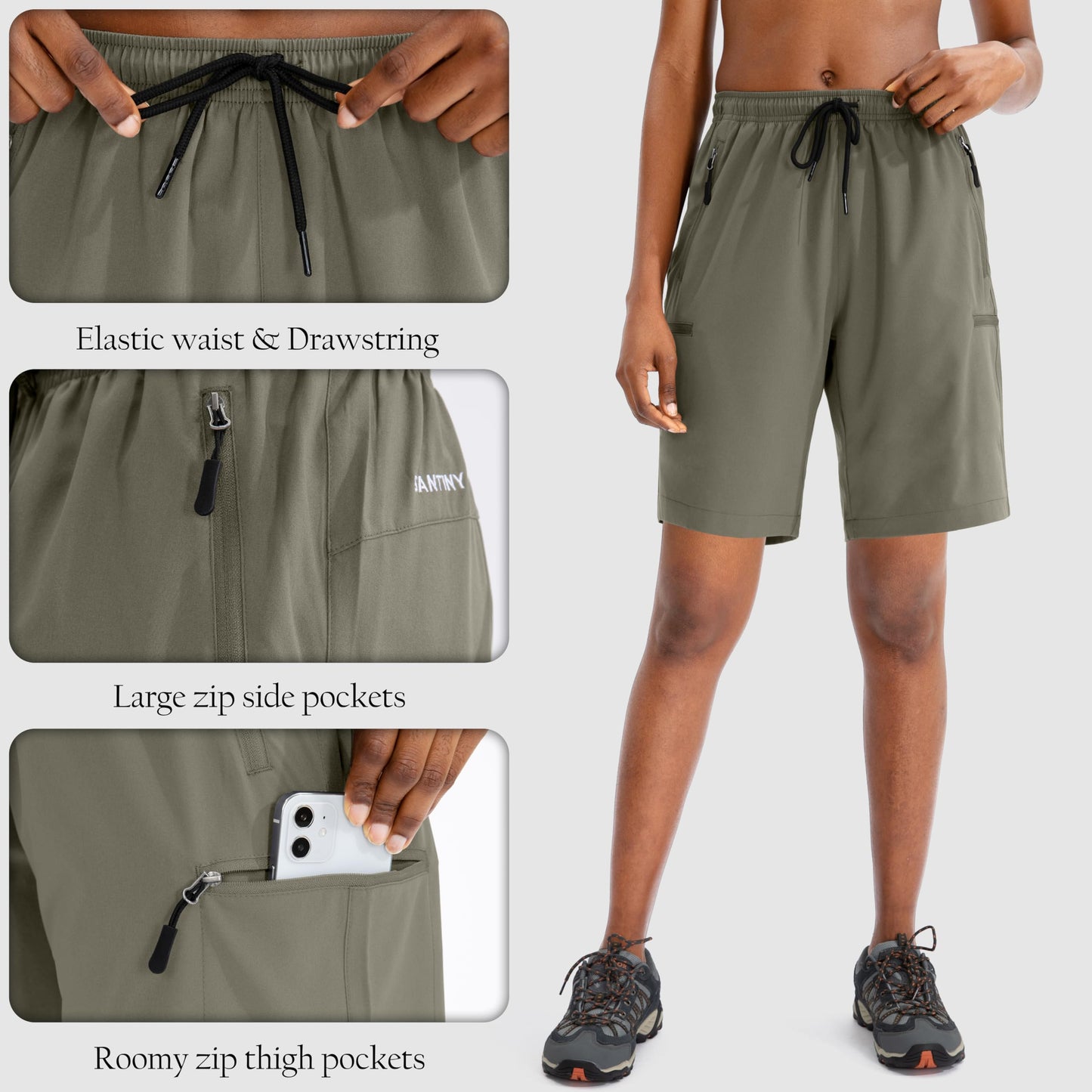 SANTINY Women's 5''/ 7''/9'' Hiking Cargo Shorts Quick Dry Lightweight Summer Shorts for Women Athletic Zipper Pockets(Grey Sage_XXL)