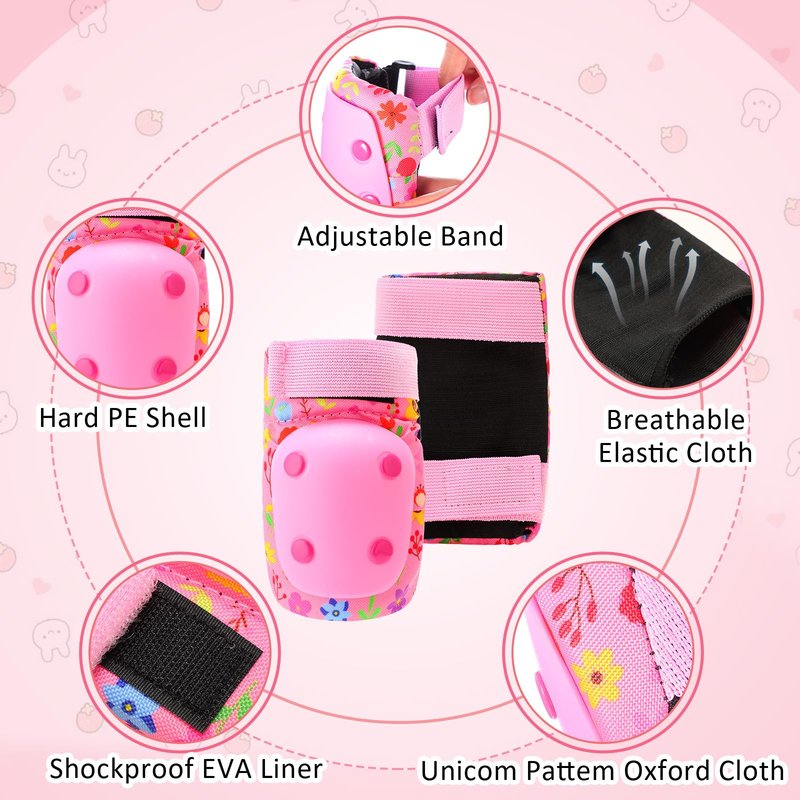 Saysurey 14 Pcs Kids Bike Helmet Knee Pads Knee Elbow Pads for Toddlers 3 to 8 Years Pink Helmet for Girls Wrist Guards with Drawstring Bag Sock Whistle and Hairpin for Skating Cycling(Flowers)