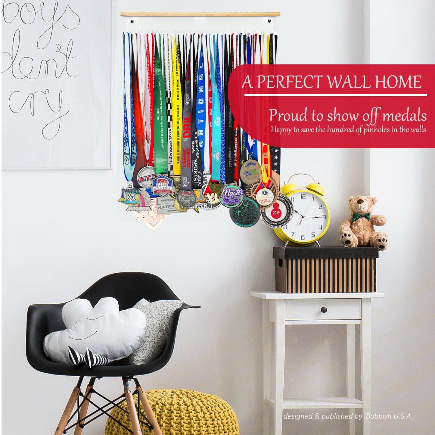 iBobbish White Trophy and Medal Display Shelf 16inchL,Metal Trophy Shelf with 20 Hooks Upgraded,Large Trophy Board Display,Sturdy for Medals in White