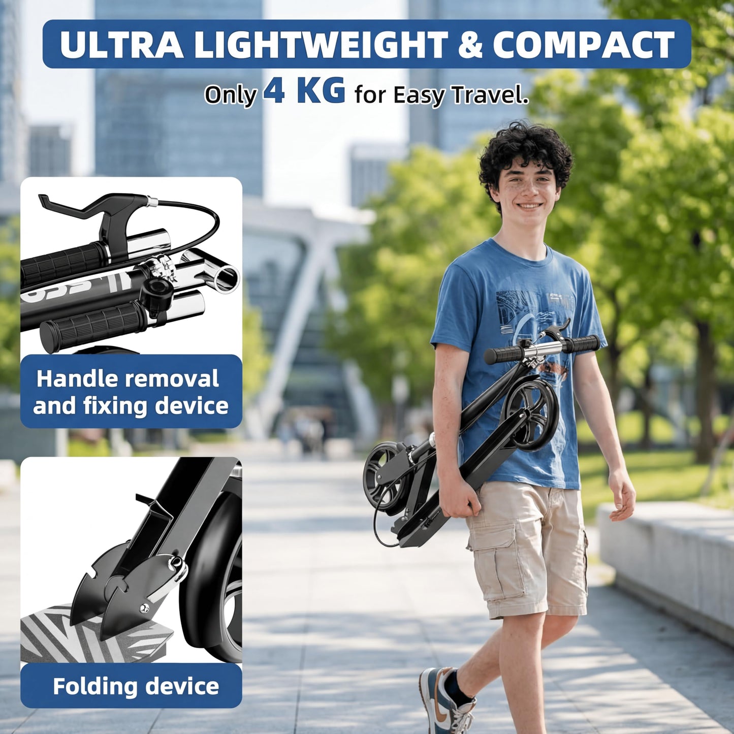 Non-Electric Scooters for Kids 8-12, Teens & Adults - Foldable Commuter Scooter with 8" Wheels, Bell, Hand Brake & Adjustable Height 30"-40.5", 220LB Capacity, Manual Push Scooter for Campus & Park