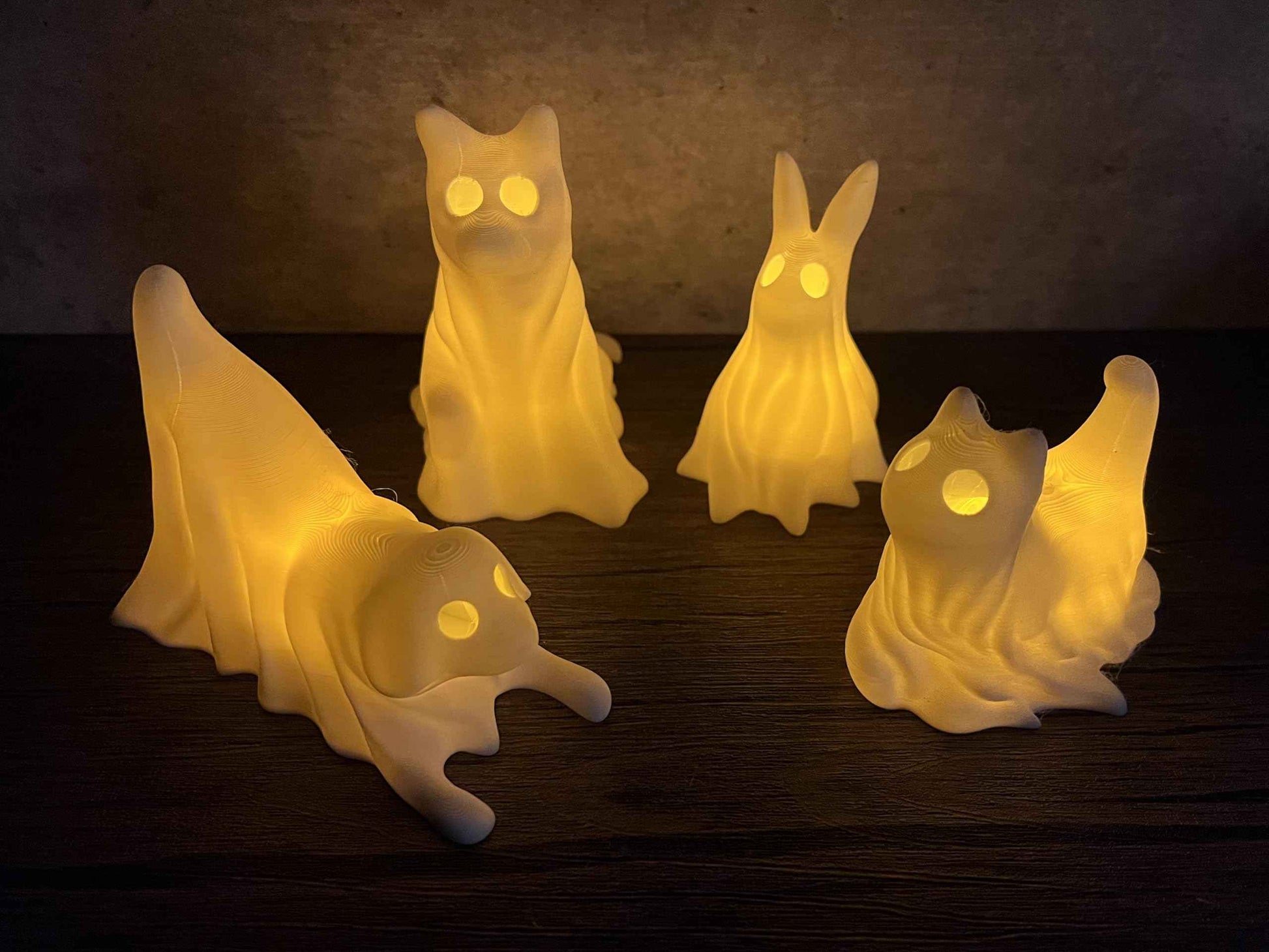 MunnyGrubbers - 4 Pack Glowing Ghost Dog With LED Tea Lights - Includes Bunny & Cat - Halloween Home Decor - Office Desk - LED Night Light - Spooky (Combo-Pack)