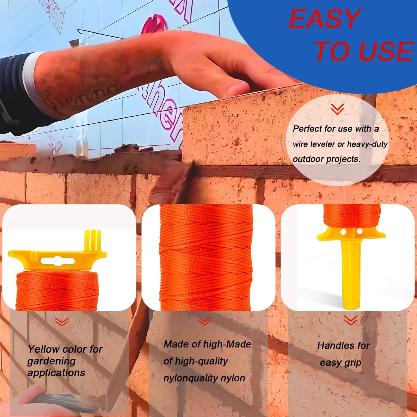 Mason Line with Handle, Reloadable Reel, #18 Braided Nylon Line, 600 Feet of High Strength Nylon Line for Gardening or Masonry Tools, Kite Twine, Fluorescent Yellow