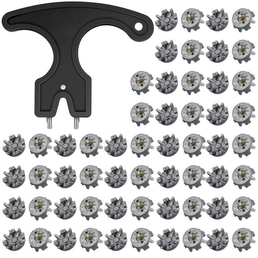 Cozypower 51 Pcs Golf Cleats Set 50 Golf Shoe Spikes Replacements with 1 Cleats Spanner Metal Thread Screw 6 mm Dia for Cricket Shoe Player(Gray)