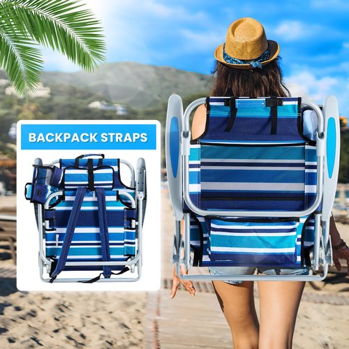 Canpsky Portable Beach Chair for Adults, Outdoor Camping Chair Lay Flat Folding Backpack Beach Reclining Chair with 5 Positions, Headrest, Cup Holder, Heavy Blue Striped