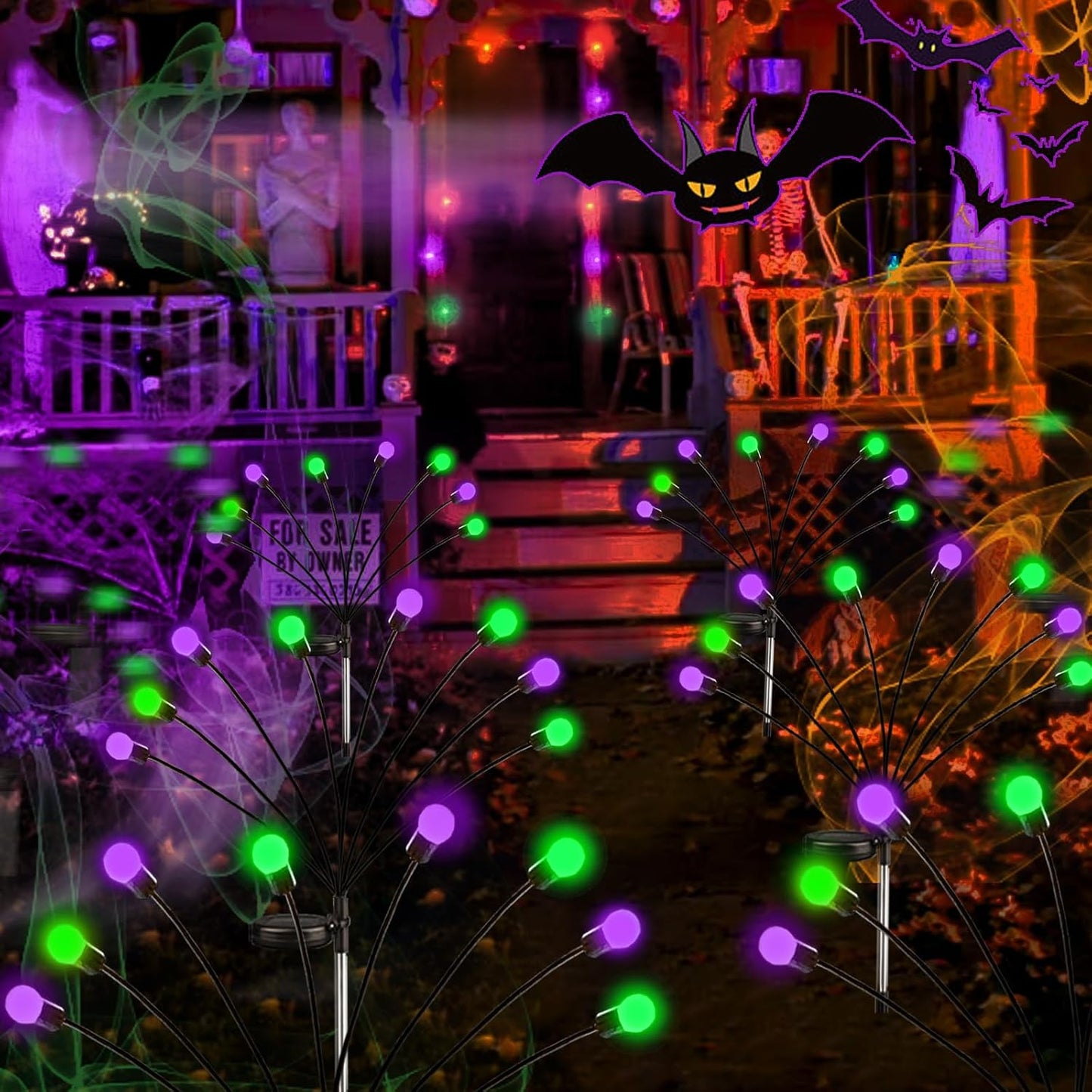 Solar Halloween Pathway Lights - 6 Pack Waterproof Firefly Decor in Orange, Purple & Green