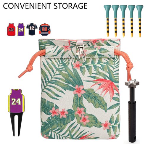 SHABIER Pu Leather Golf Pouch Bag with Drawstring Closure, Portable Golf Accessorie (Hawaiian-Style Flowers)