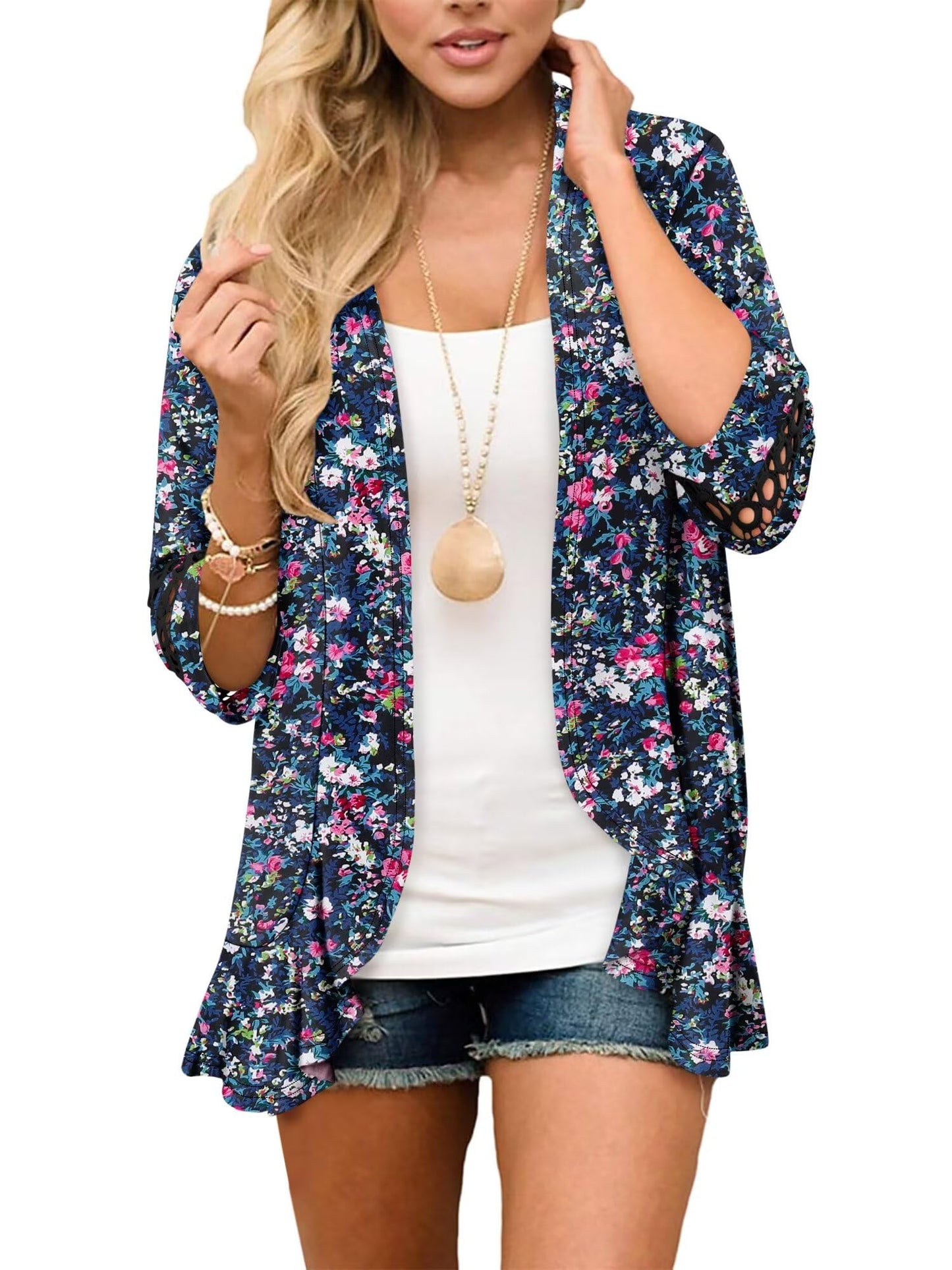 Magritta Flowy 3/4 Sleeve Cardugans Women's Cardigan for Weekend Outing - Blue Floral (L, Cherry)