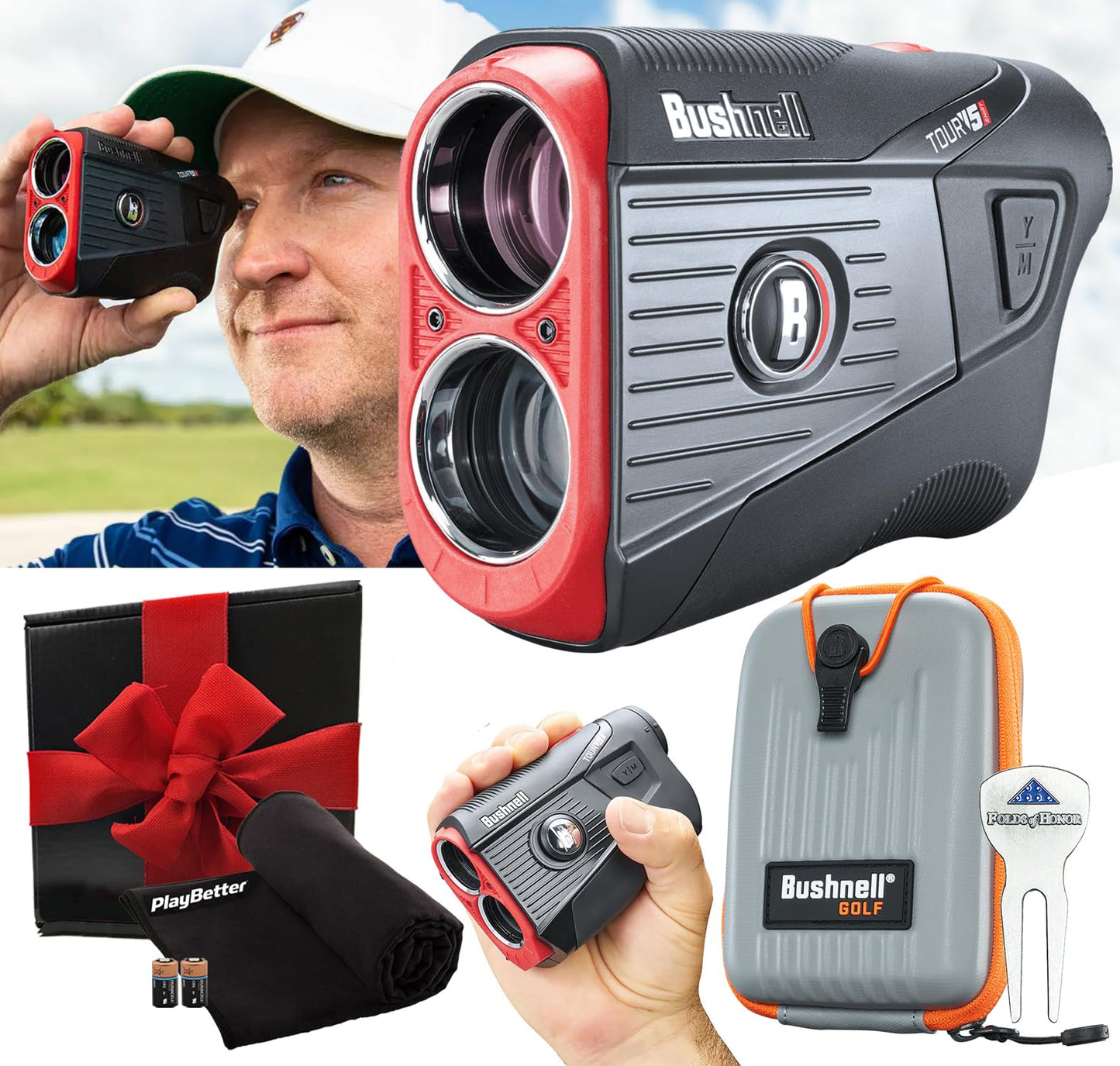 Bushnell Tour V5 Shift (Slope) Golf Laser Rangefinder Patriot Pack Gift Box Bundle with Pitchfix Tool, Case, Microfiber Towel, Two Batteries | Gift Box, Red Bow | 201911P