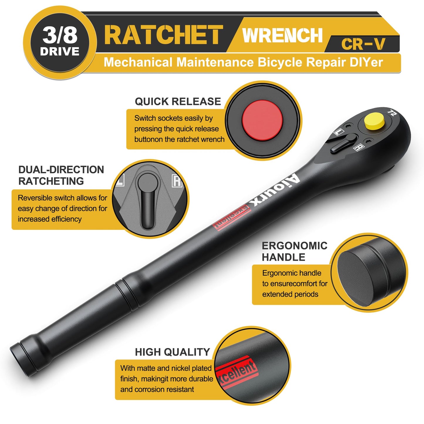 Aiourx 3/8" Drive Ratchet, 72-Tooth Ratchet Handle, 9 Inch Quick Release Reversible Ratchet Wrench, CR-V Steel, Mechanical Maintenance, Automobile and Motorcycle Repair