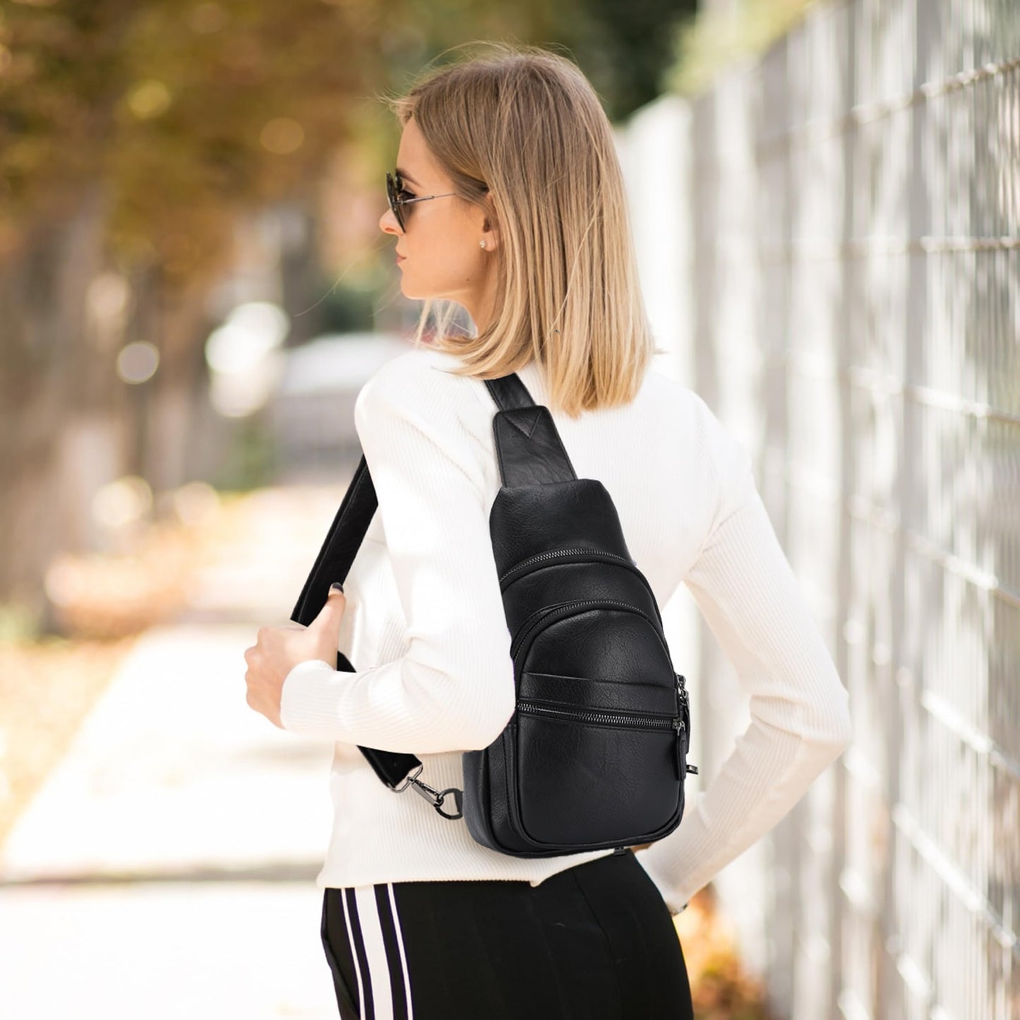 RAVUO Sling Bag, PU Leather Crossbody Backpack for Women Men Casual Hiking Daypack Multipurpose Chest Bag for Work College Black