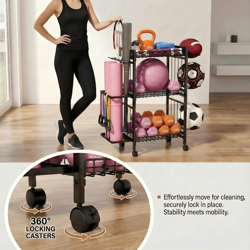 ULAIHOMN Home Gym Storage Rack, 3-Tier Dumbbell Rack with Ball Holder & Side Basket, Heavy Duty Vertical Workout Equipment Organizer for Yoga Mats, Lockable Wheels