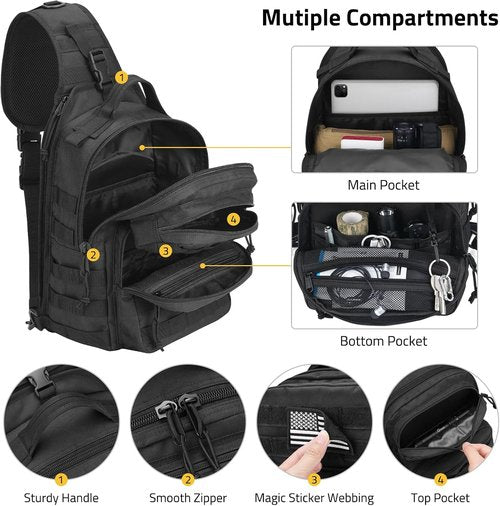 CVLIFE Tactical Sling Bag - Military-Grade Shoulder Backpack with Detachable Molle System | Black
