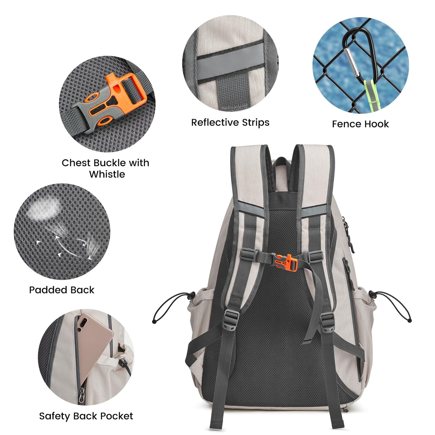G4Free Tennis Bag, Tennis Backpack for Women Men, Large Pickleball Bag, Holds 4 Rackets with Shoe Compartment, Ivory, L, Casual Daypack