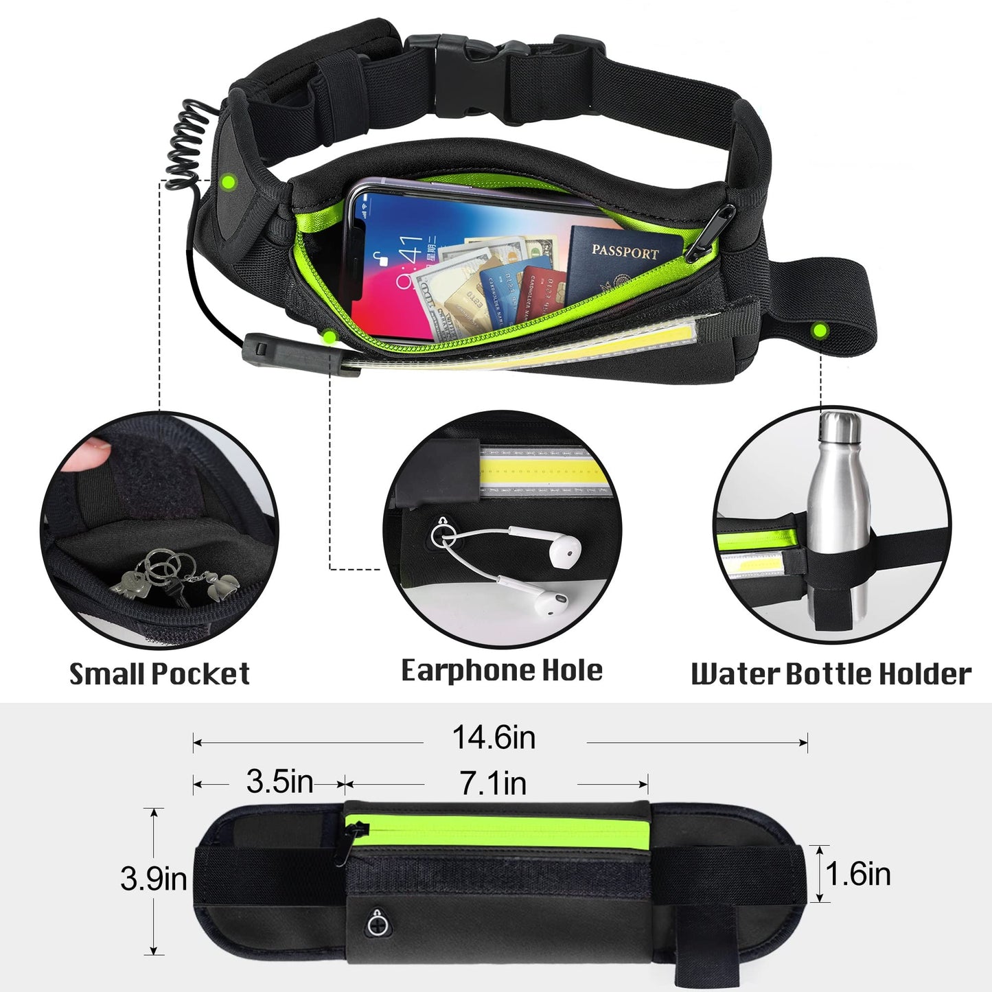 Hopedone Running Light, 230°Wide-Angle 1000Lumens Night Waliking Light on Running Waist Belt Rechargeable Runners Safety Lights with Adjustable Large Pocket Fanny Packet for Runners Jogging (Black)