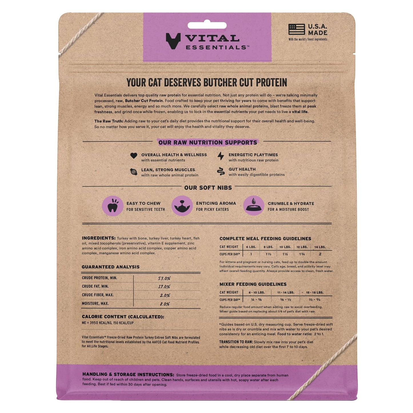Vital Essentials Freeze Dried Cat Food, Raw Turkey Soft Nibs | Complete Meal or Topper | 99% Turkey, Organs & Bone | Limited Ingredient, High Protein, Grain Free Dry Cat Food | 12 oz Bag