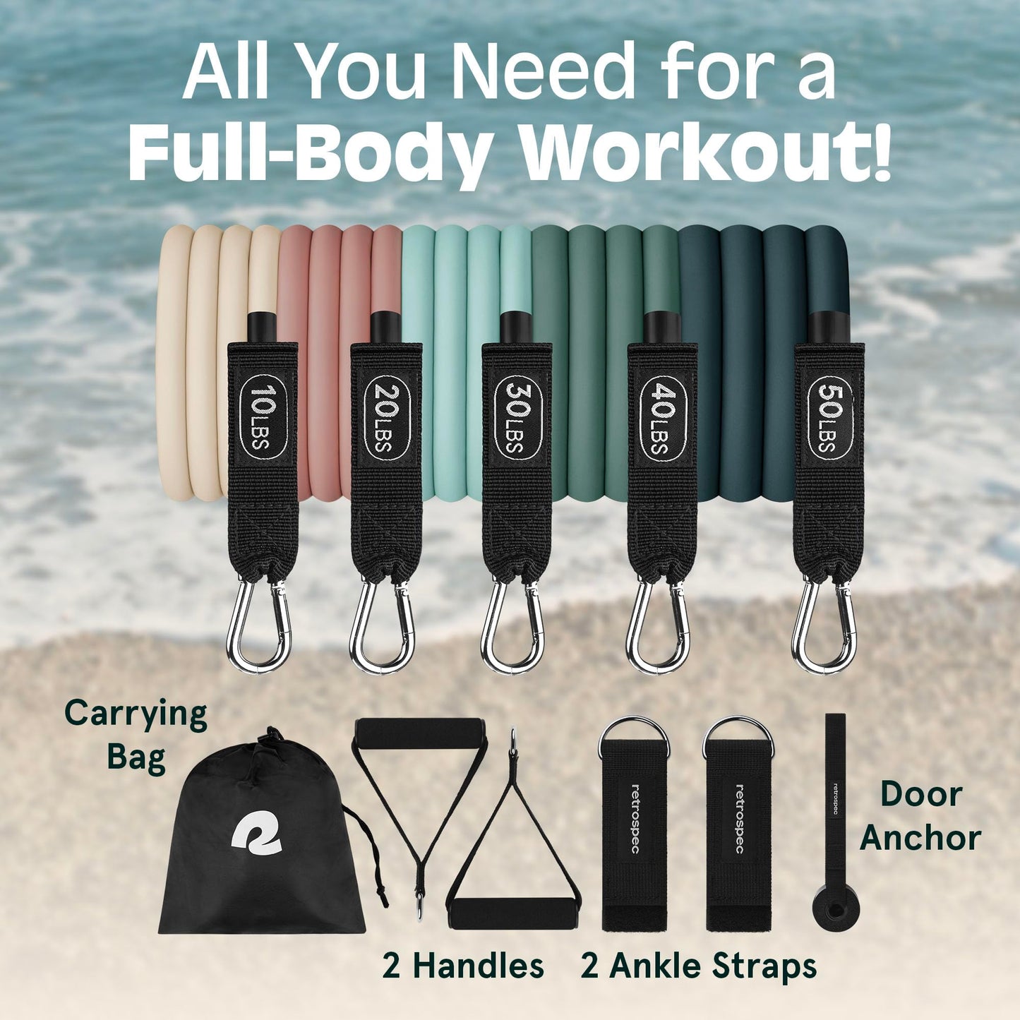 Retrospec Train Resistance Bands Set (5pc) Workout Bands w/Handles, Door Anchor, Carry Bag for Women & Men, Cactus