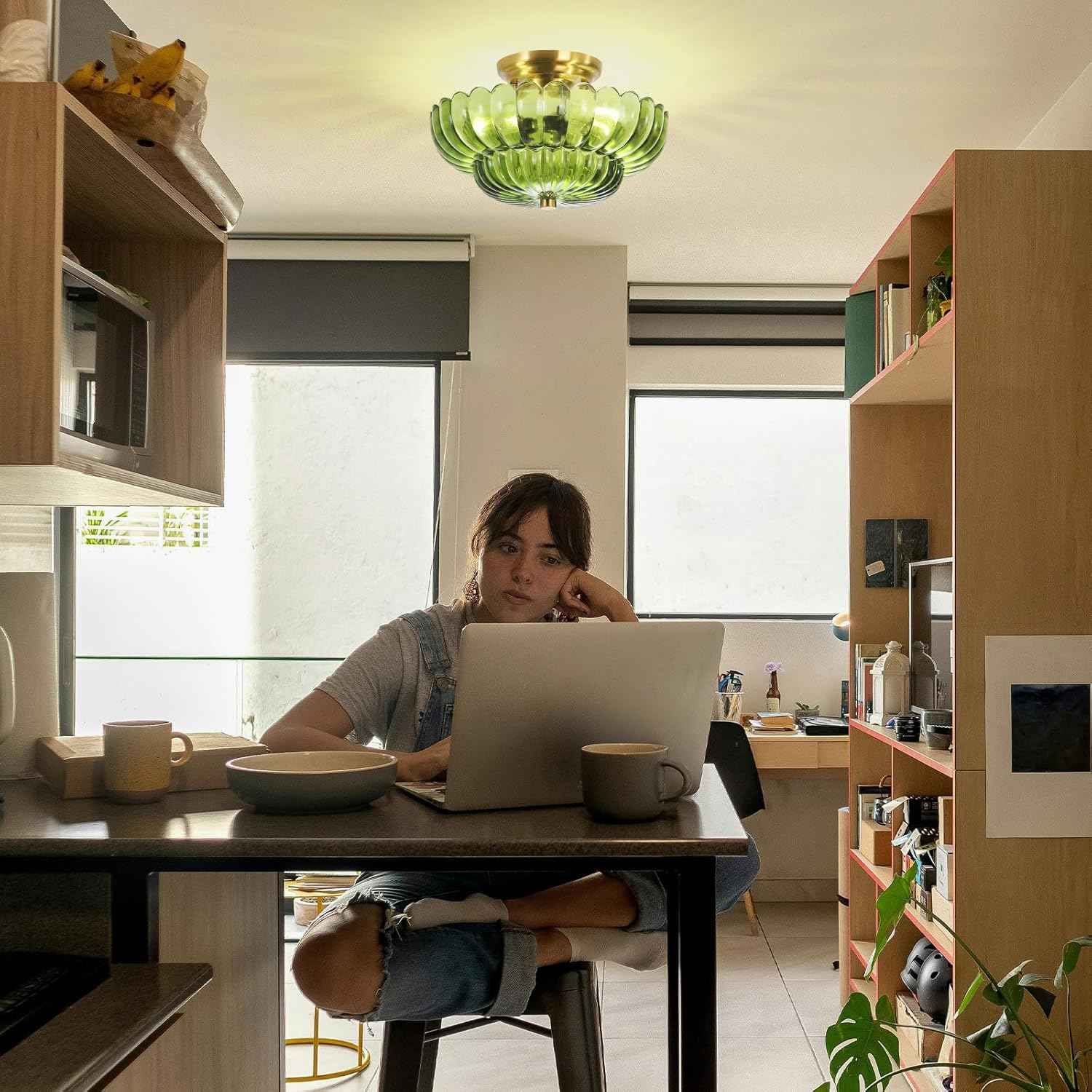 Modern Semi Flush Mount Ceiling Light Fixture with Brown Glass & Black Base - Ideal for Living Room, Kitchen, Bedroom, Hallway (Bulb Not Included)