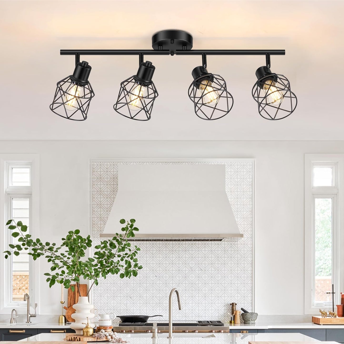 Adjustable 4-Light Semi Flush Mount Ceiling Light with Metal Cage - Farmhouse Style for Dining & Living Rooms