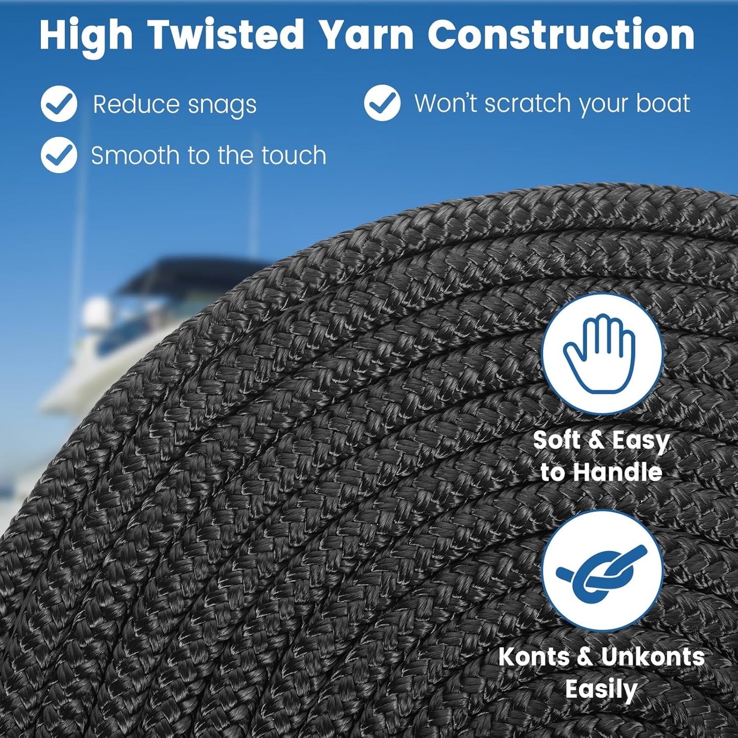 Premium Marine-Grade Dock Lines - Heavy-Duty 3/8" x 15' Double Braided Nylon Ropes with 12" Security Loops | 4 Pack