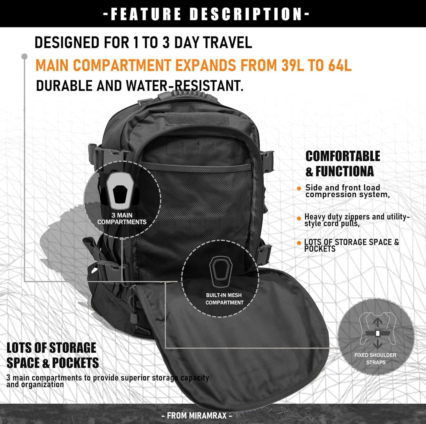 Miramrax Tactical Backpack Military Army Daypack - Assault Pack for Men Molle Backpacks Bug Out Bag 3 Day Pack for Hiking Camping Travel Hunting Rucksack Trekking Black