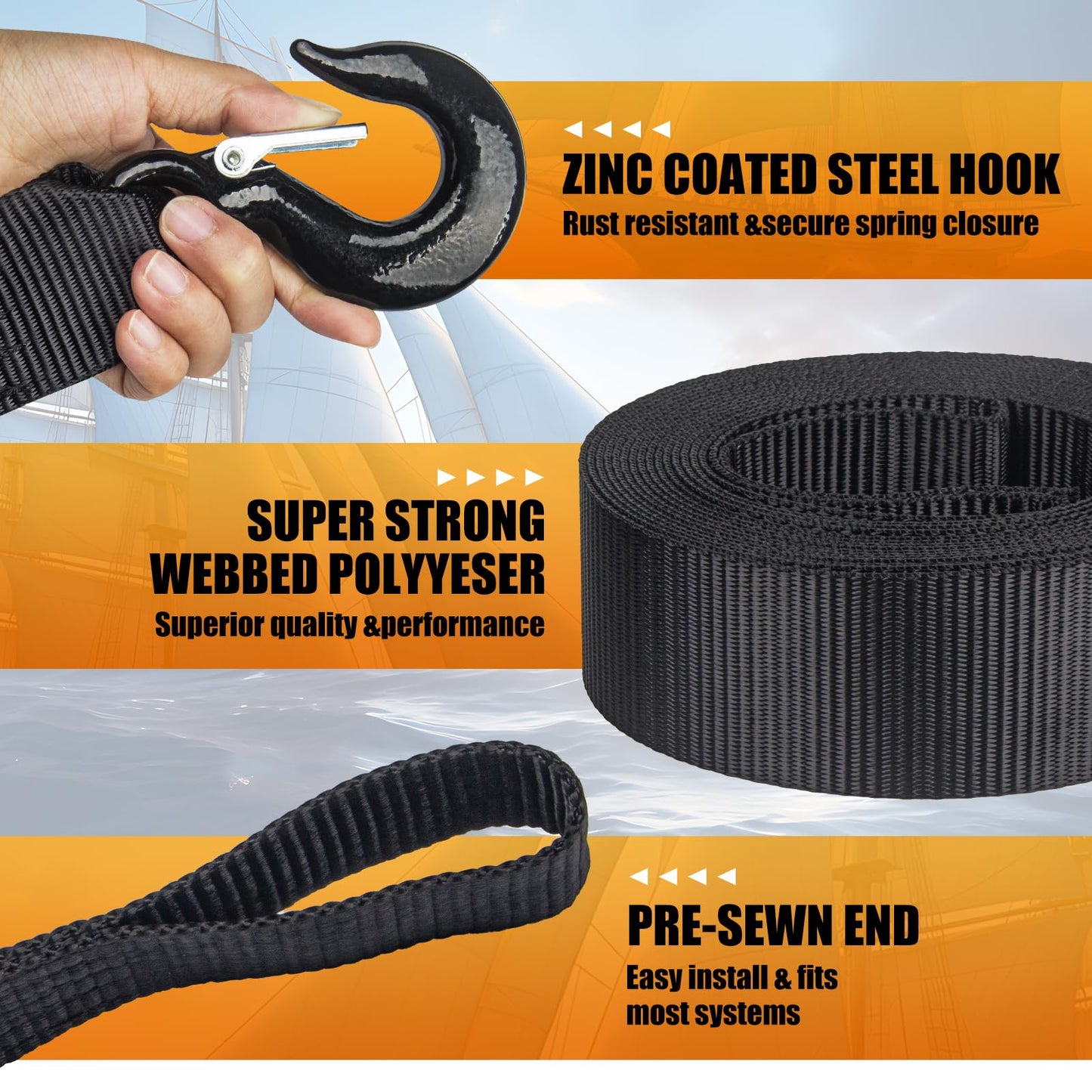 KONON Boat Trailer Winch Strap 2" x 20' with Safety Snap Hook 12000 lbs for Towing Vehicles, Boats and Jet Ski | Polyester | 12-Month Free Replacement (Black)