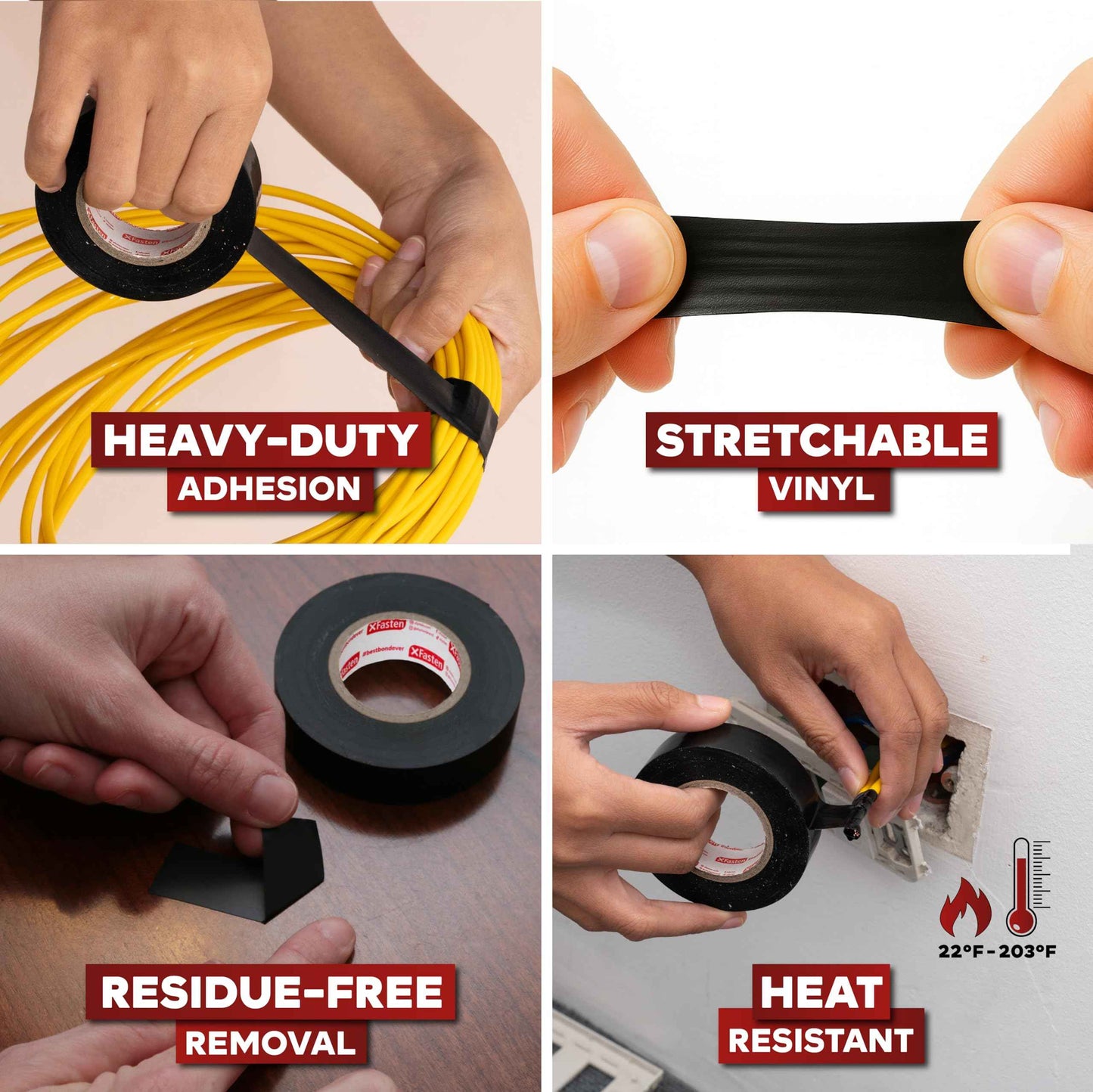 XFasten Electrical Tape Black 3/4 Inch x 66 Feet 12-Pack (792 Feet Total) UL/CSA Listed High Temp Residue-free Vinyl Automotive Electric Tape Waterproof (Black, 3/4 Inch x 66ft (12-Pack 792 ft Total))