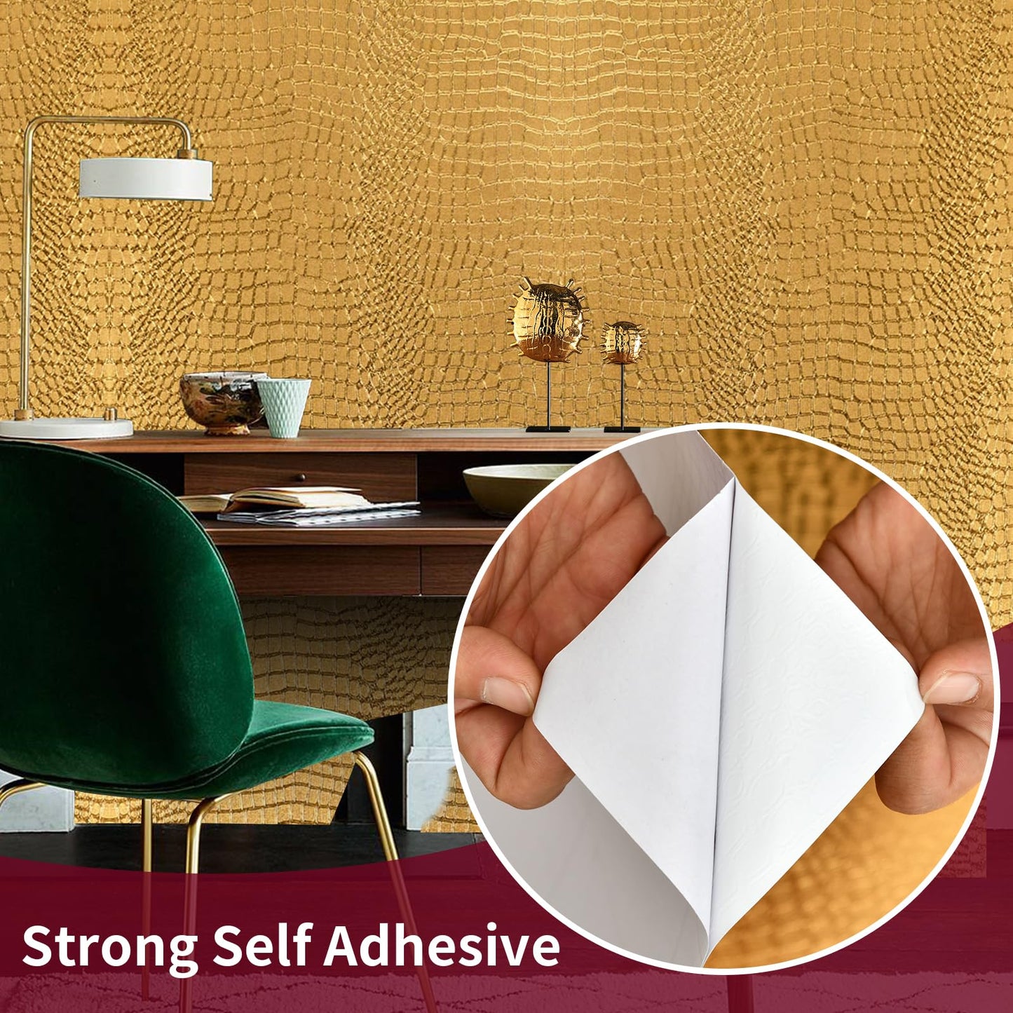 Cismmy Peel and Stick Wallpaper - Gold Crocodile, 15.7" X 118", Removable, Easy Peel Off, Renter Friendly Textured Wallpaper