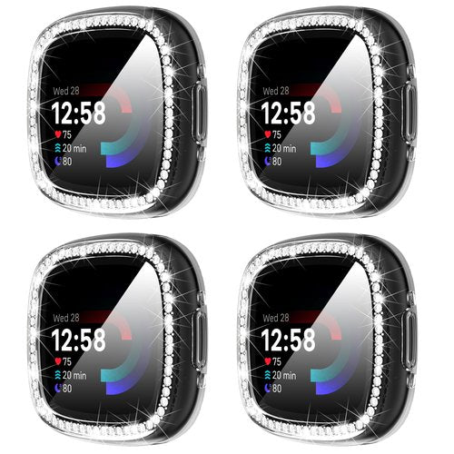 Suoman 4-Pack for Fitbit Sense 2/Versa 4 Case, HD Tempered Glass Screen Protector, Full Around TPU Electroplate Protective Cover Bumper [Glitter Diamonds] -Clear+Clear+Clear+Clear