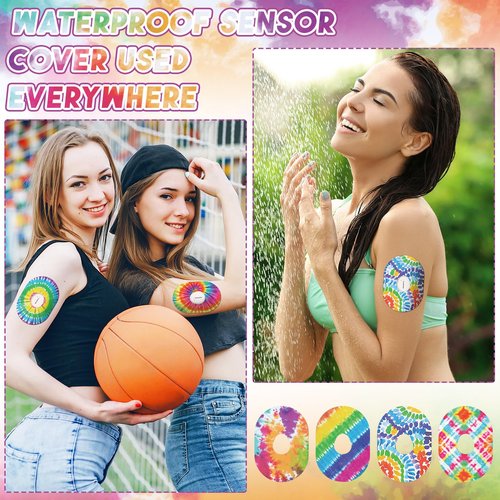 Geiserailie 32 Pack Over Patches Waterproof Compatible with Dexcom G7, Cgm Patches Tie Dye Colorful Adhesive Tape Stickers Sensor Covers Sweat Proof Flexible Breathable Pre-Cut(Rainbow)