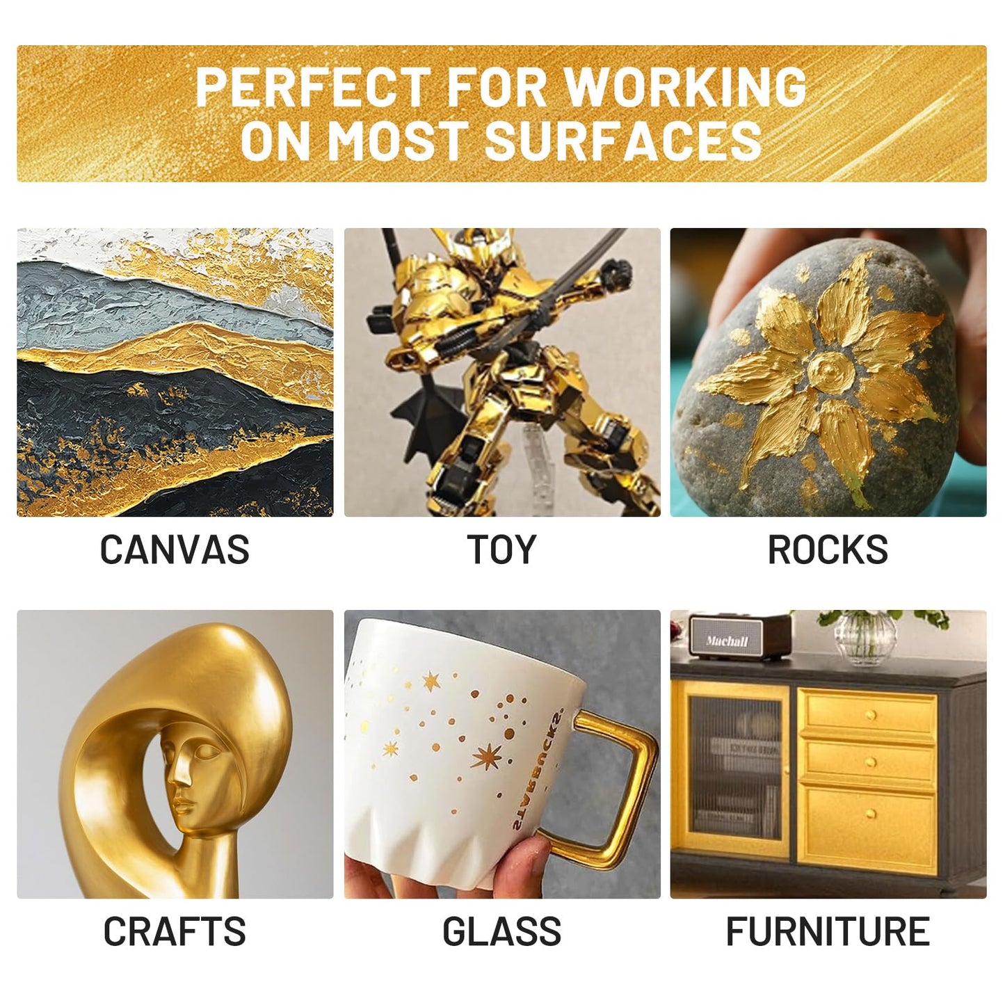 ShangTianFeng Gold paint high-gloss multi-surface rich gold paint is suitable for metal, wood, cast iron, plastic, canvas, electrical appliances, acrylic, enamel, furniture scratch repair and artistic handicrafts. Artistic gold foil 30ml/1.5oz quick-dryin