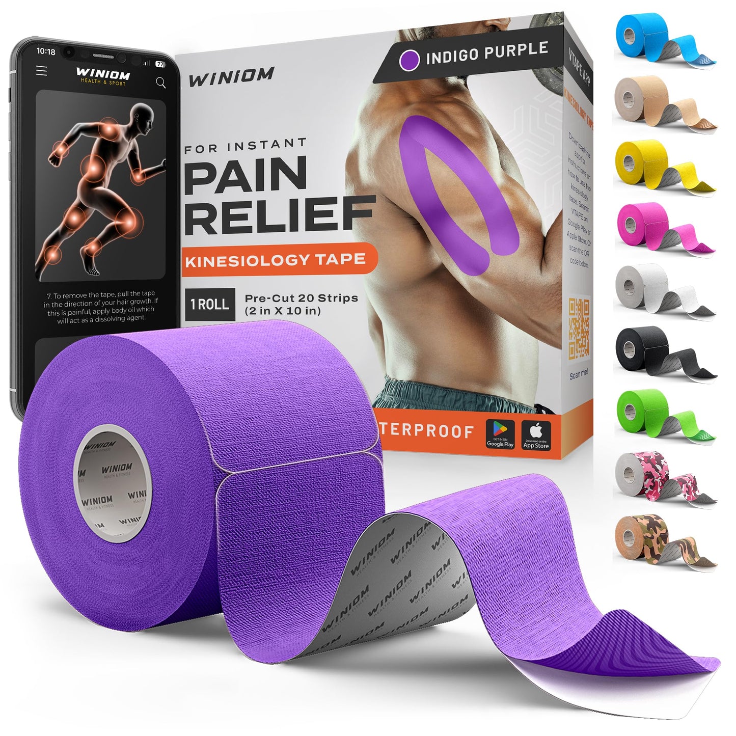 Kinesiology Tape - Waterproof Athletic Sports Tape for Knee, Shoulder, Arm & Back Support | 3-5 Day Adhesion, Hypoallergenic & Latex-Free + Taping Guide (Precut, 2"x16.4ft Roll, Indigo Purple)