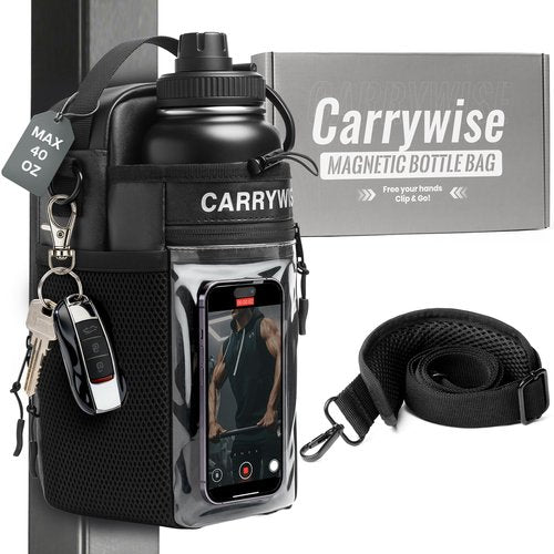 Magnetic Gym Bag-Upgraded Magnetic Water Bottle Bag for Men And Women,Water Bottle Pouch With Adjustable Strap & Phone Pockets,Gym Pouch Hold 40oz for Workout （Bottles Not Include）