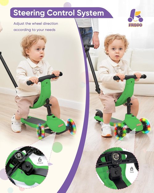 KRIDDO 3-in-1 Kids Scooter - Adjustable Height, Lighted Wheels & Wide Board | Ages 1-5, Indoor/Outdoor Use