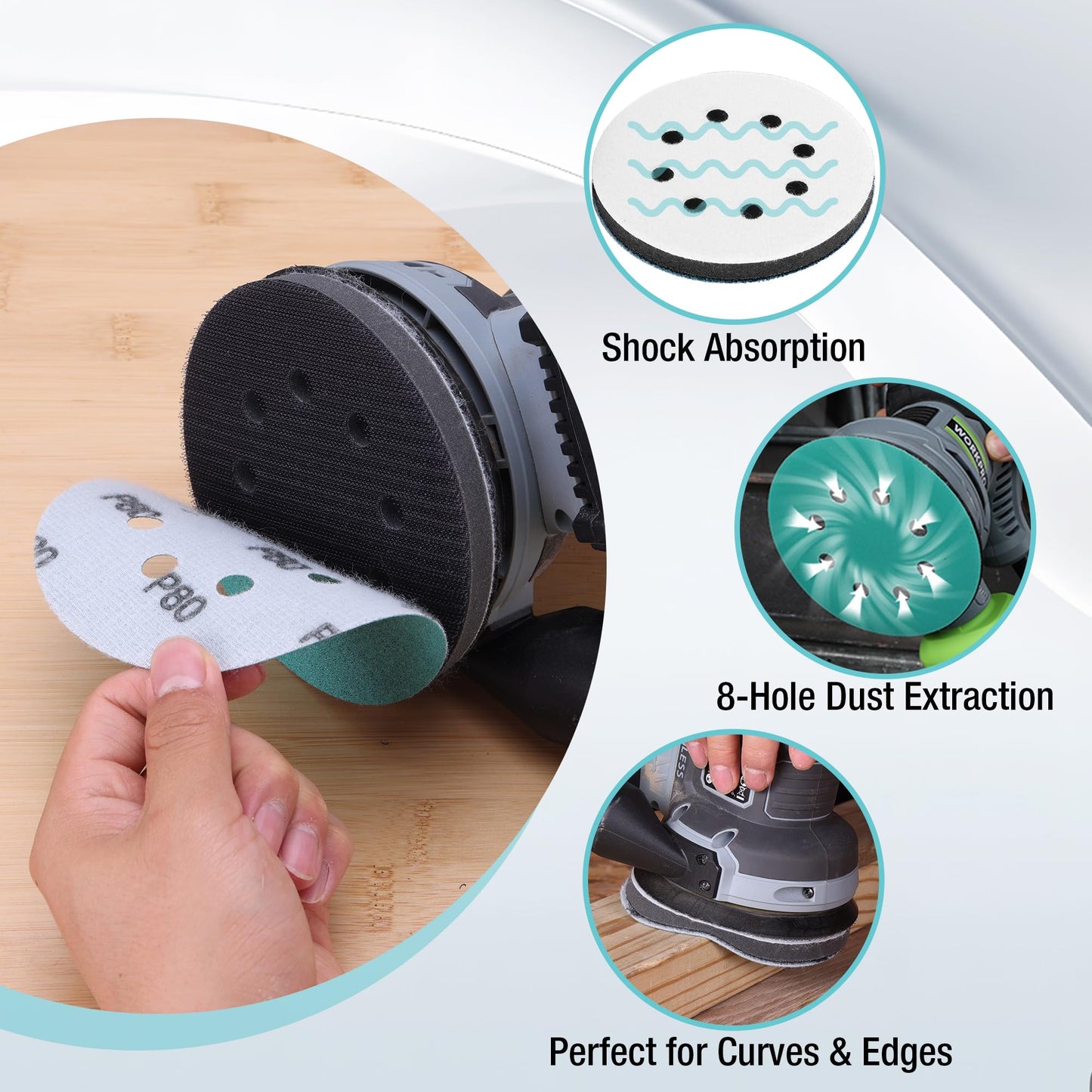 WORKPRO 5 Inch Orbital Sander Interface Pads and Sanding Discs, 3 Foam Buffer Pads & 3 Grit Sandpaper (80/120/240), 8 Hole Hook and Loop Soft Cushion Sponge Backing for Sander