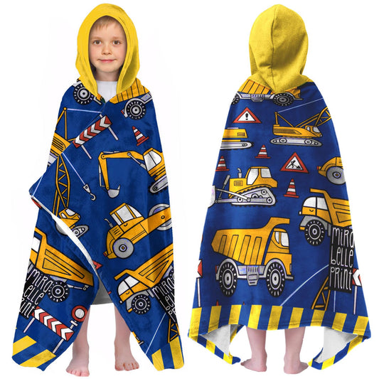 Boys Car Beach Towel with Hoodie for Kids Toddlers Age 4-8, Engineering Vehicle Bath Towels Shower Wrap for Boys, Hooded Poncho Beach Blanket for Pool Swimming Cute Wearable Bath Towel for Child